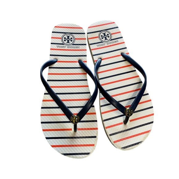 Tory Burch Striped Flip Flops - Navy, and White 10.5 inches - Picture 1 of 9